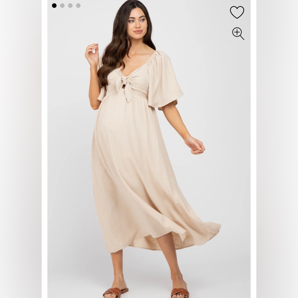 Beige Textured Dot Front Tie Ruffle Sleeve Maternity Midi Dress